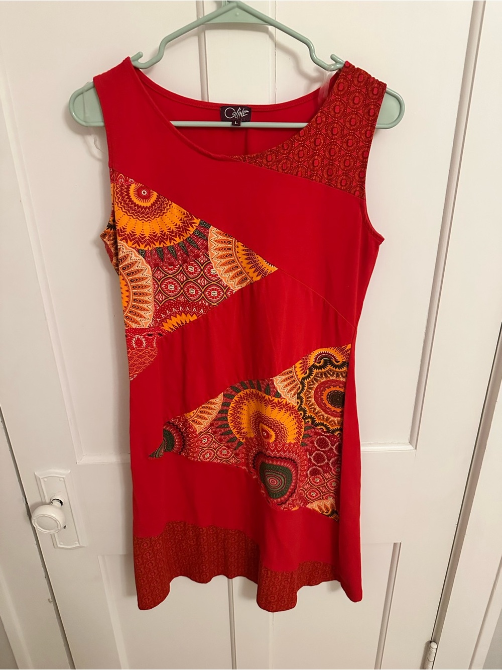 Coline Red Sleeveless Geometric Patchwork Dress